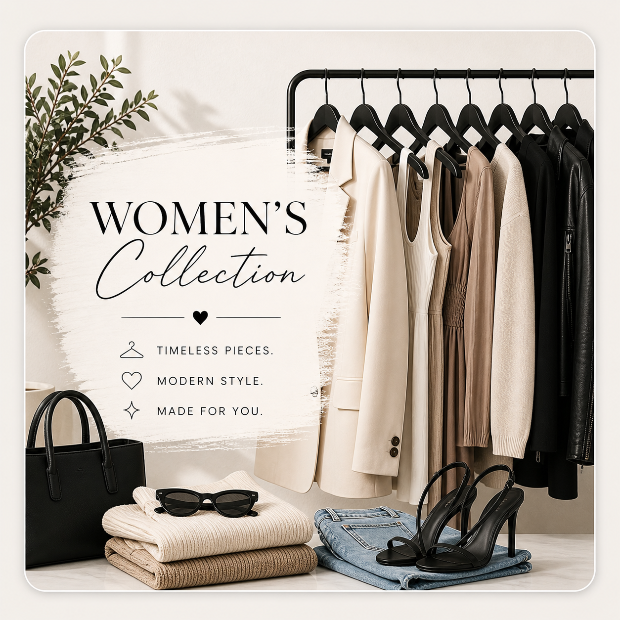 Women’s Collection display featuring neutral-toned dresses and clothing on a rack with a handbag, sunglasses, folded sweaters, jeans, and black high-heel sandals in a minimalist boutique setting.