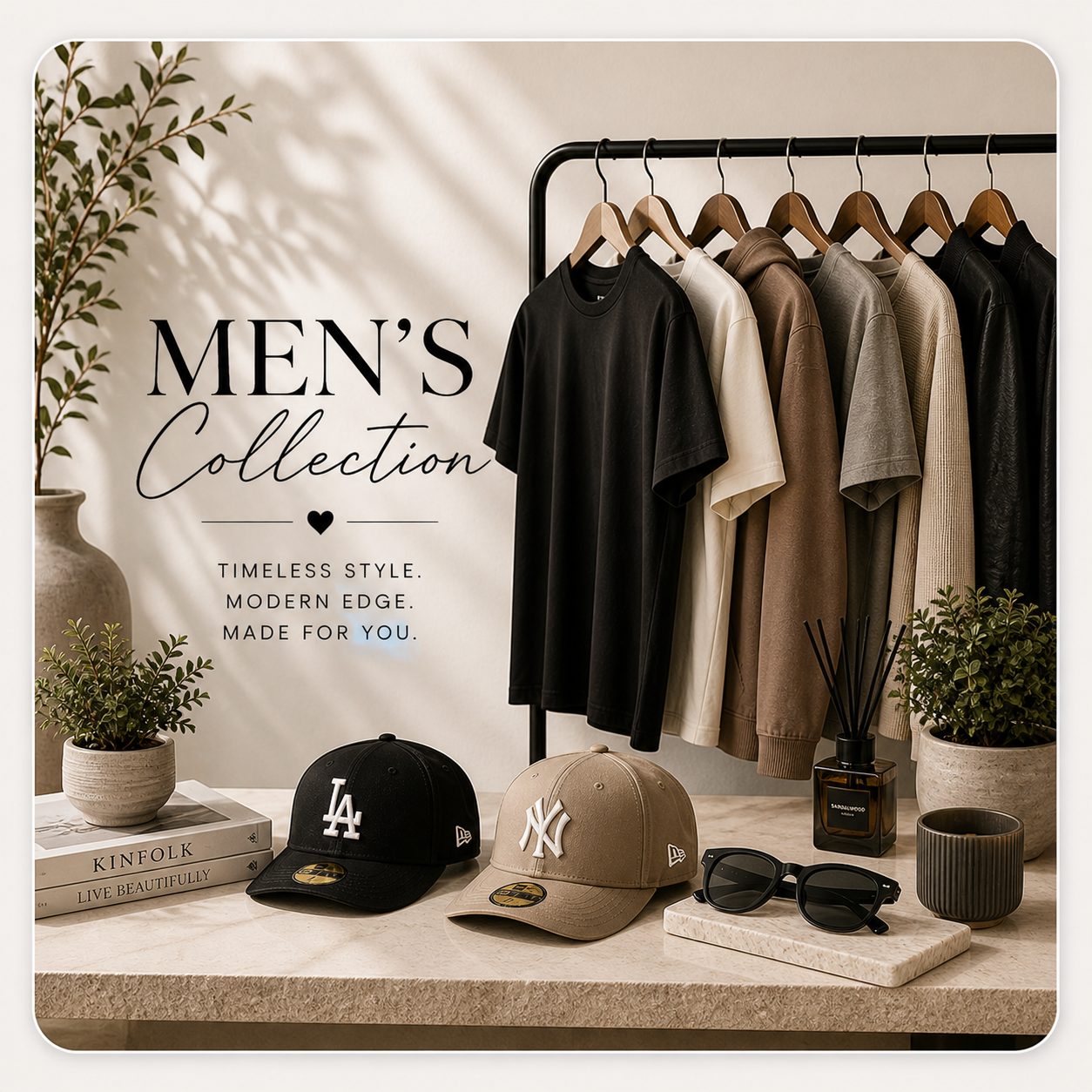 Men’s Collection display featuring neutral-toned shirts on a clothing rack, two fitted caps (LA and NY), sunglasses, and modern decor in a minimalist boutique setting.