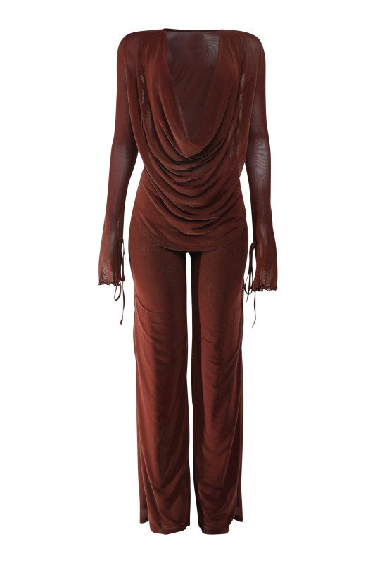 Brown jumpsuit with draped front design on a white background
