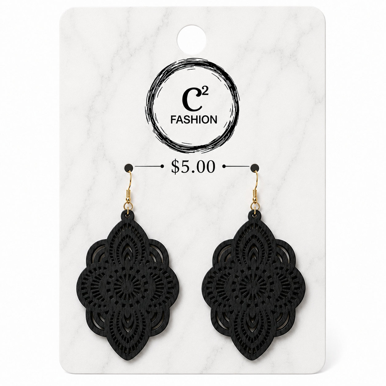 A pair of black lace-up dangle earrings displayed on a white marble-style retail card. The card shows the C2 FASHION logo, a price of $5.