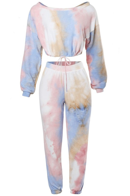 Tie-dye two-piece set with a top and pants on a white background