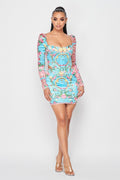 Woman wearing a colorful floral dress on a white background