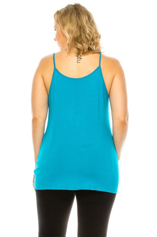 Person wearing a turquoise tank top on a white background