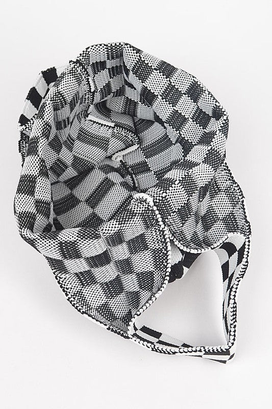 Black and white checkered swim cap on a white background