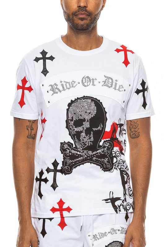 Man wearing a white t-shirt with skull and crossbones design and 'Ride or Die' text.