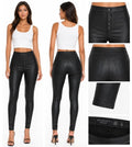 Black faux-leather high-waisted skinny pants shown on a model from the front and back, with four detail inset images highlighting the front button closure, back pocket, side seam, and interior waistband.