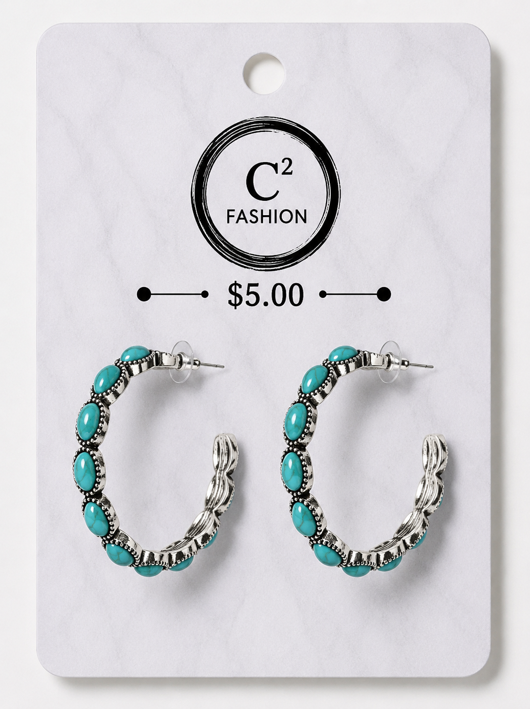 A pair of silver hoop earrings with turquoise-colored oval stones, displayed on a white marble-patterned retail card labeled 'C2 FASHION' with a price of $5.00.