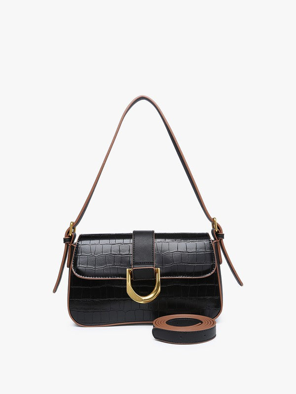 Black handbag with brown strap and gold clasp on a white background