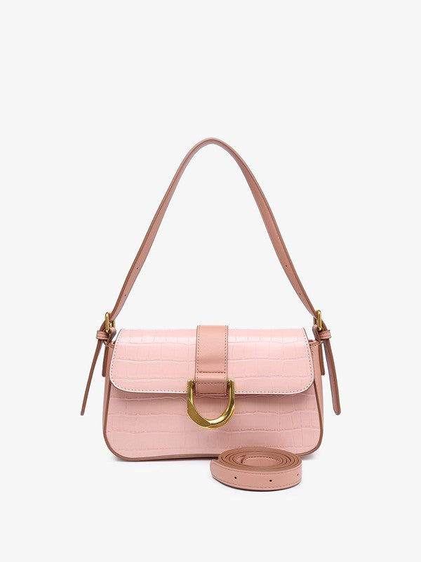 Pink handbag with a gold clasp on a white background