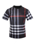 Black t-shirt with gray and white checkered pattern on a white background