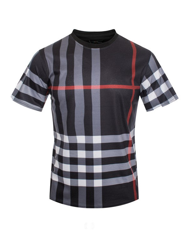 Black t-shirt with gray and white checkered pattern on a white background