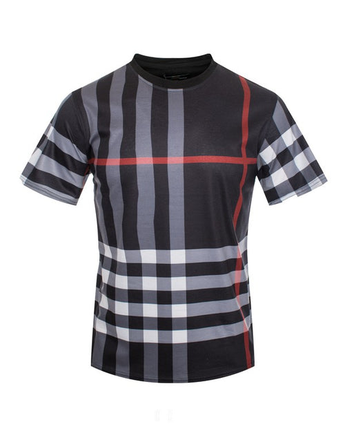 Black t-shirt with gray and white checkered pattern on a white background