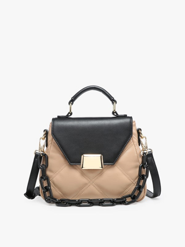 Handbag with black and beige design on a white background