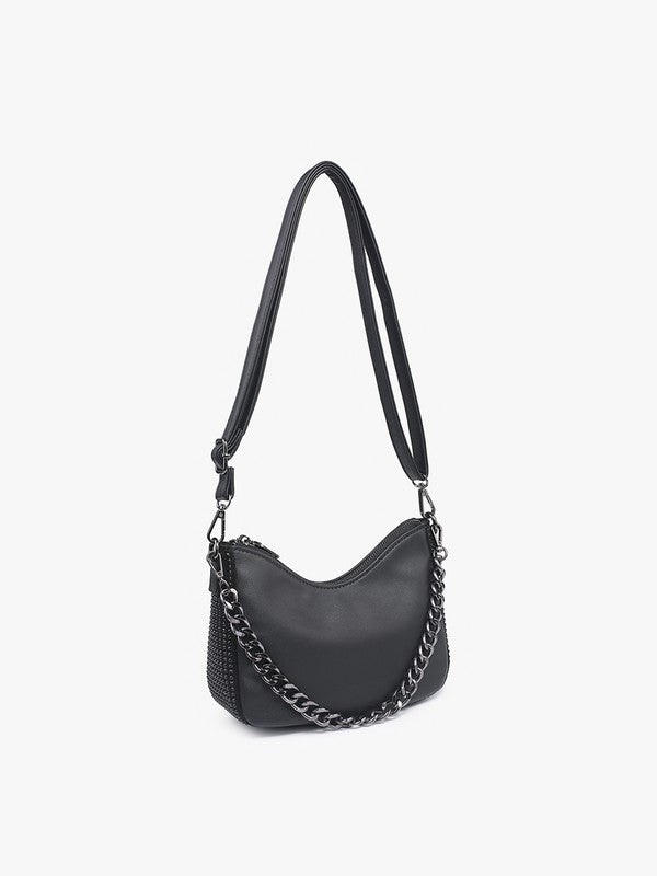 Black handbag with chain detail on a white background