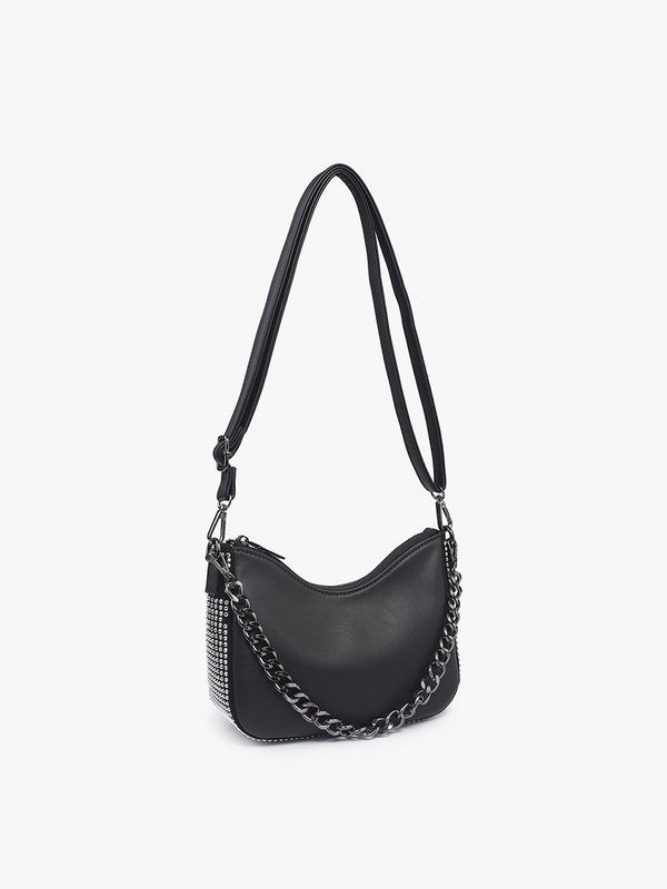 Black handbag with chain detail on a light gray background