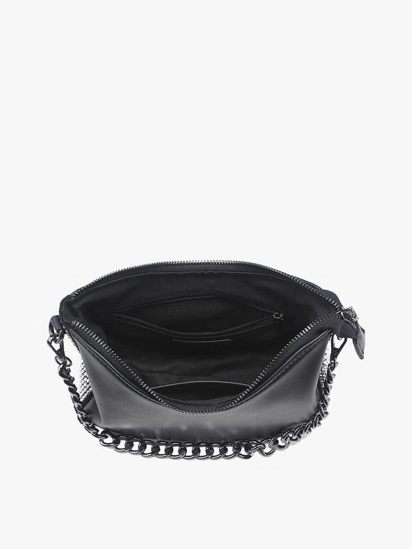 Black handbag with chain details on a white background