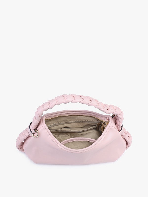 Pink handbag with braided handle on a white background
