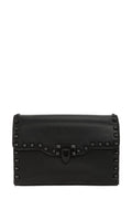 Black studded clutch bag on a white background