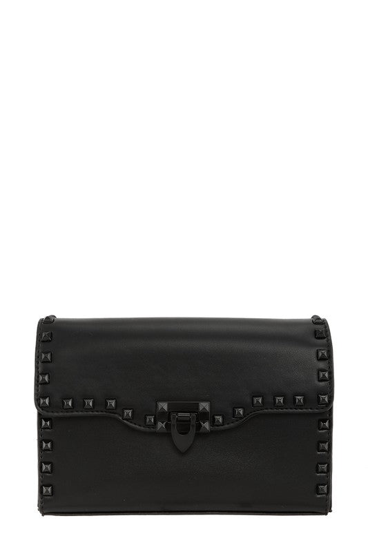 Black studded clutch bag on a white background