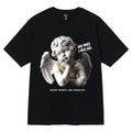 Black t-shirt with an angel graphic and text on a white background