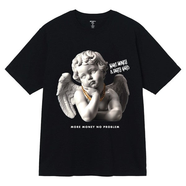 Black t-shirt with an angel graphic and text on a white background