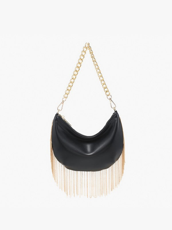 Black handbag with fringe details and a chain strap on a white background
