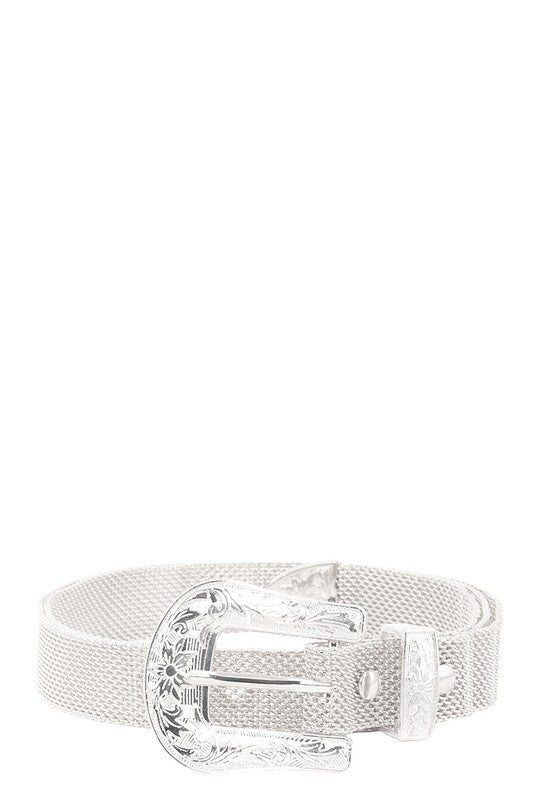 Silver mesh belt with an engraved decorative buckle, displayed against a plain white background.