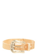 Gold mesh belt with an engraved decorative buckle, displayed against a plain white background.