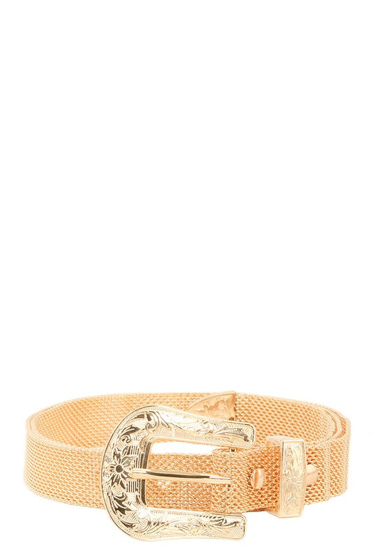 Gold mesh belt with an engraved decorative buckle, displayed against a plain white background.