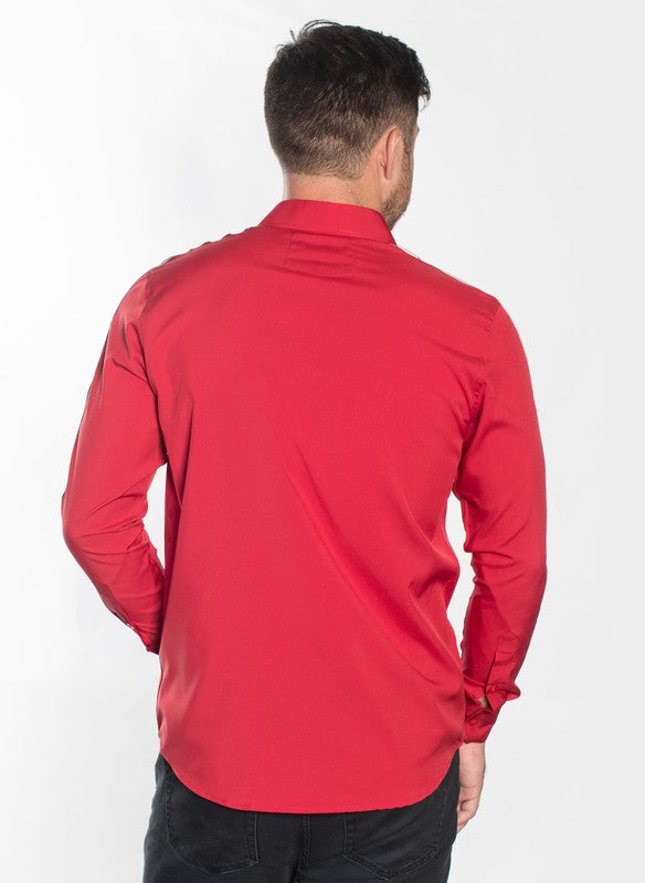Man wearing a red shirt on a white background