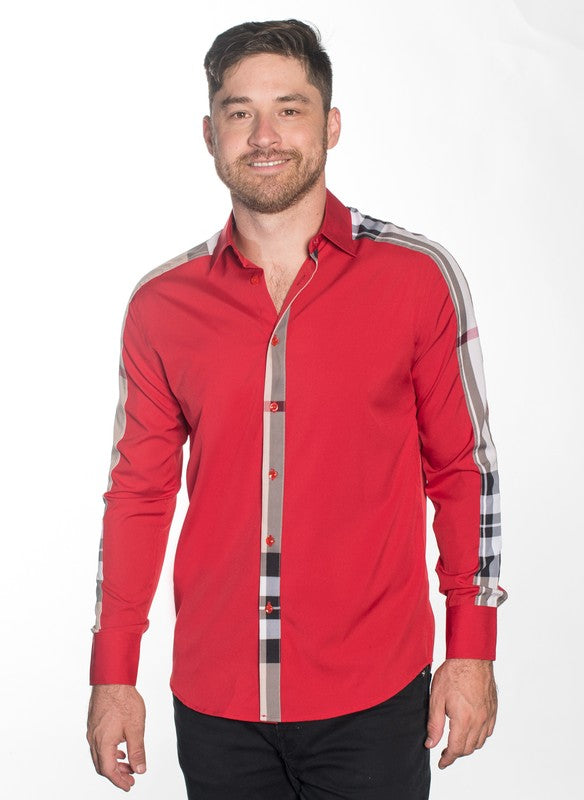 Man wearing a red shirt with checkered sleeves on a white background