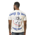 Man wearing a Gray t-shirt with an angel graphic and text on the back, on a white background