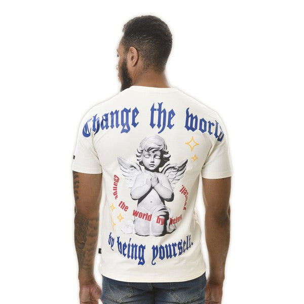 Man wearing a Gray t-shirt with an angel graphic and text on the back, on a white background