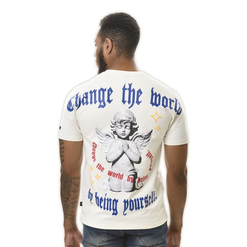 Man wearing a Gray t-shirt with an angel graphic and text on the back, on a white background