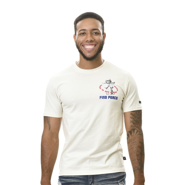 Man wearing a Gray t-shirt with a graphic design on a white background