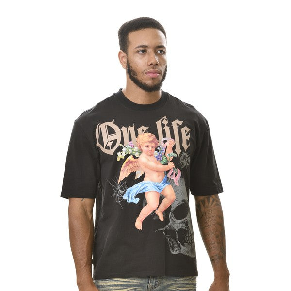 Man wearing a black t-shirt with an angel and skull design and 'One Life' text.
