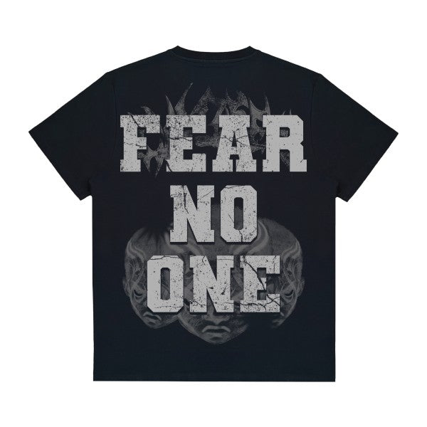 Black t-shirt with 'FEAR NO ONE' text on a white background