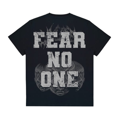 Black t-shirt with 'FEAR NO ONE' text on a white background