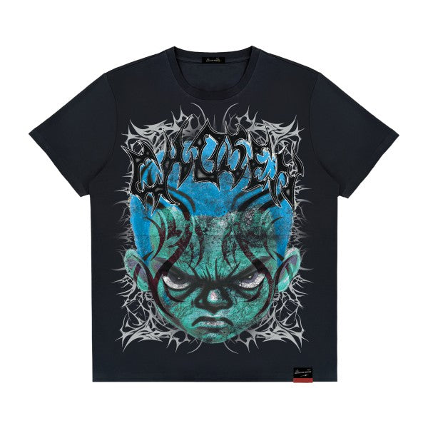 Black t-shirt with a blue and green graphic design on a white background