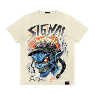 T-shirt with a graphic design of a blue creature and 'SIGNAL' text on a beige background