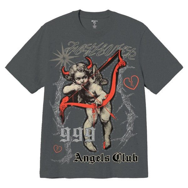 Gray t-shirt with a graphic design of a cherub with horns and a bow, and text 'Foxy Wolf Angels Club' on a white background.