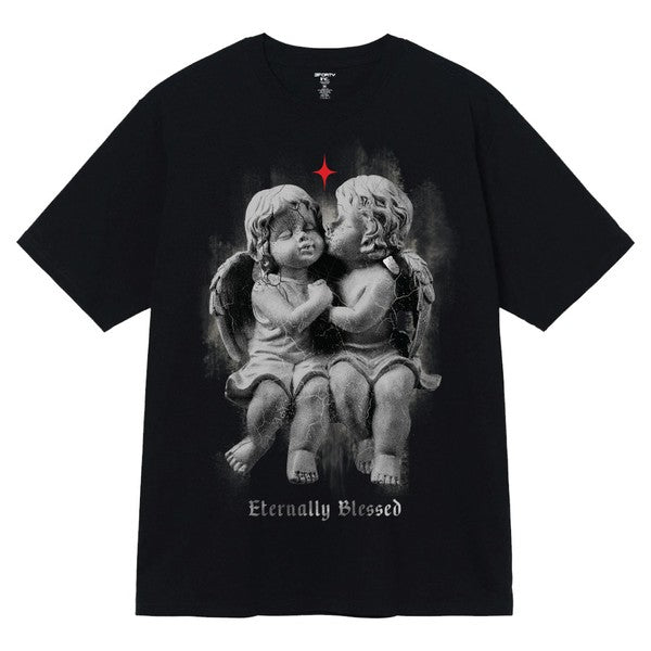 Black t-shirt with a graphic of two cherubs kissing and the text 'Eternally Blessed' on a white background.