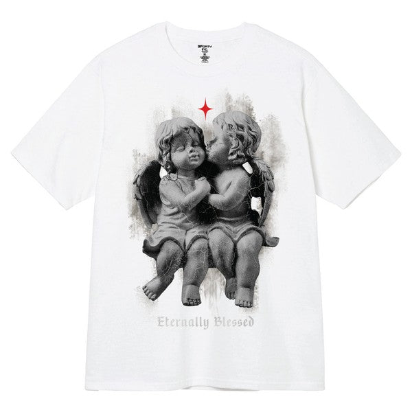 White t-shirt with cherub design and 'Eternally Blessed' text on a white background