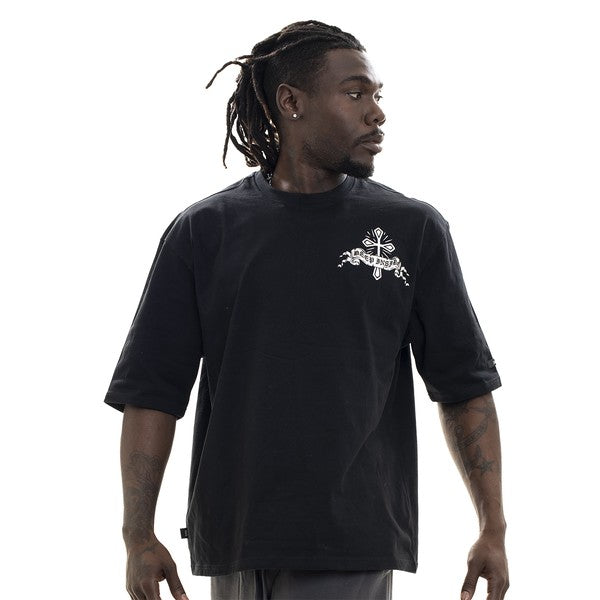 Man wearing a black t-shirt with a white logo on a white background