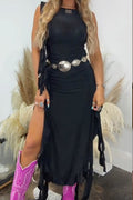 BLACK RUFFLED HEM HIGH SLIT WESTERN BODYCON DRESS.