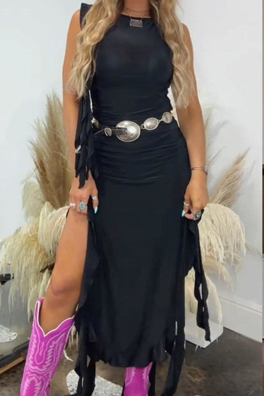 BLACK RUFFLED HEM HIGH SLIT WESTERN BODYCON DRESS.