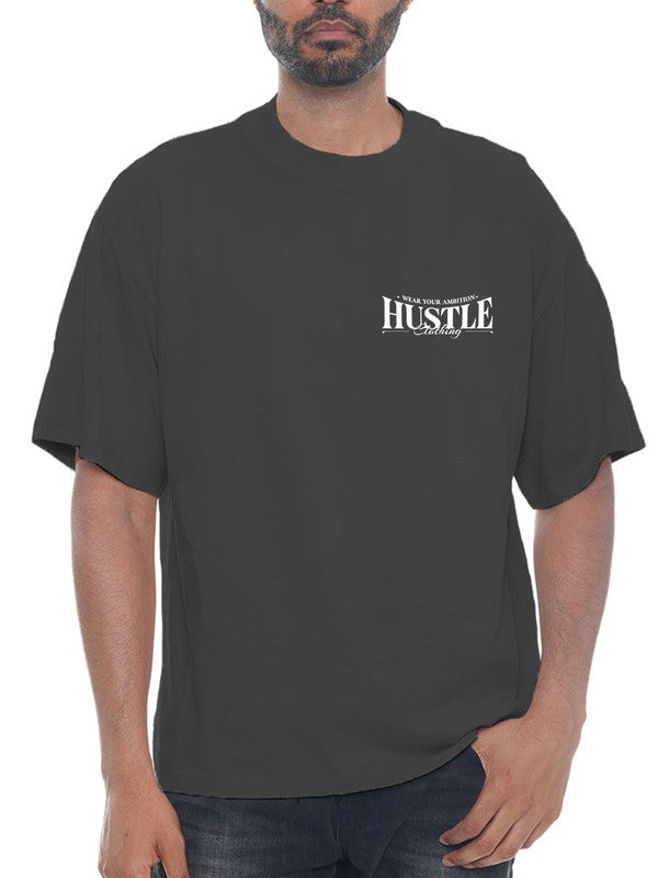 Person wearing a black t-shirt with 'Hustle' text on a white background