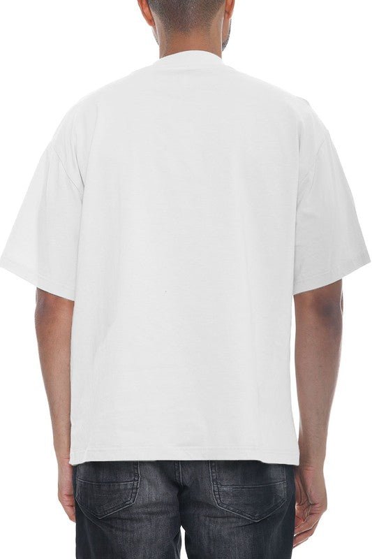 Back view of a person wearing a plain white t-shirt on a white background