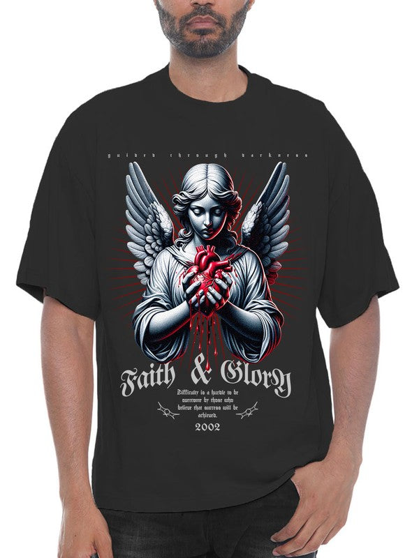 Black t-shirt with an angel holding a heart design and text on a white background