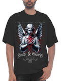 Black t-shirt with an angel holding a heart design and text on a white background